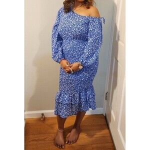 Women's Ditsy Floral Print Asymmetrical Neck Lantern Sleeve Mermaid Hem …